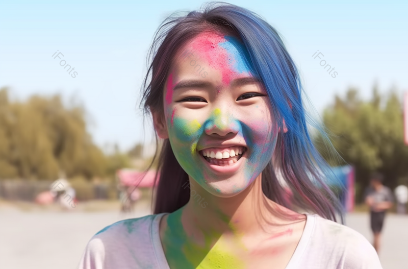 东亚女孩彩色脸部快乐庆祝年轻人摄影图,高清,摄影图,摄影图片,图片大全,摄影图免费下载